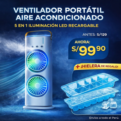 VENTILADOR PORTATIL AIRE ACONDICIONADO 5 EN 1 ILUMINACION LED RECARGABLE